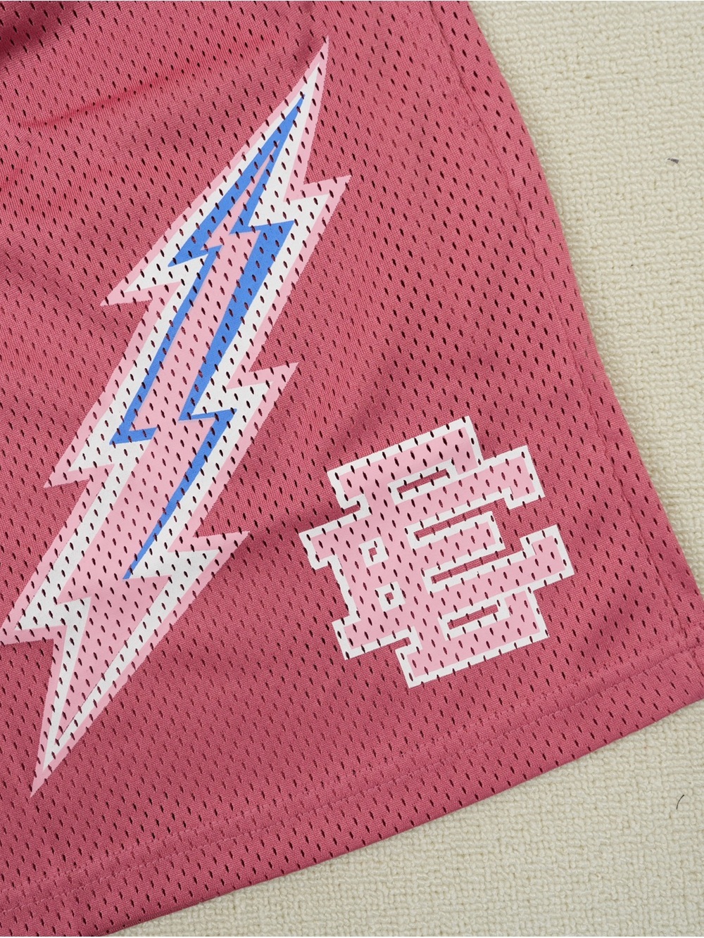Eric Emanuel Pink Mesh Shorts with Dual Lightning Graphics - Picture 3 of 4